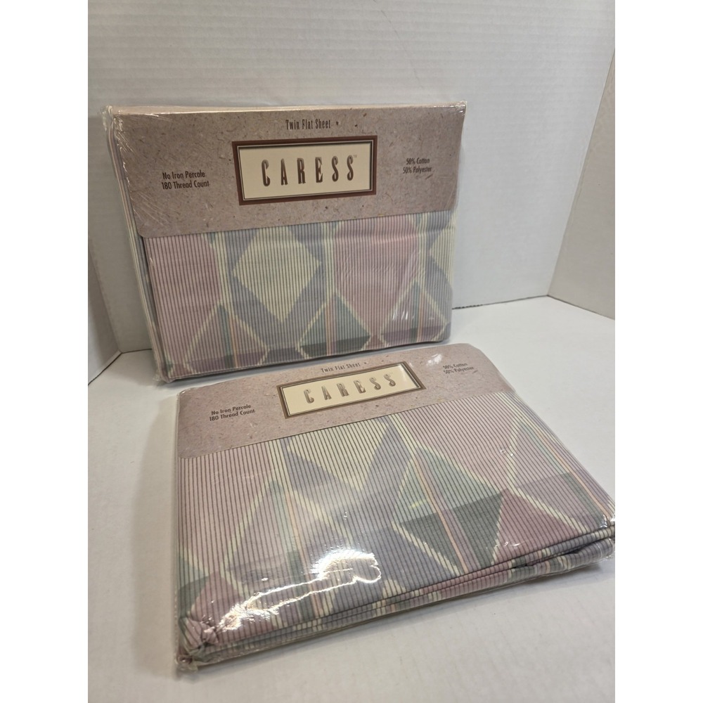 1990's Vintage Mervyns Caress Twin Flat Sheet Lot Of 2 Geometric Pastel NOS